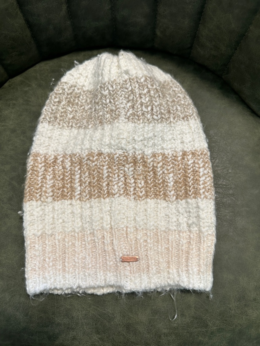 Free People Cream and Tan Striped Knit Beanie